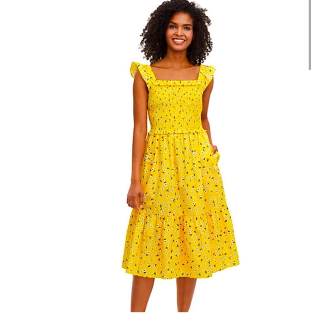 Kate Spade Fleurette Toss Voile Smocked Dress Yellow Floral Summer XS